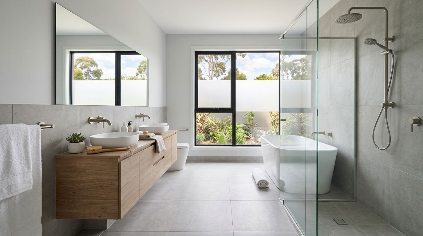 Modern Melbourne bathroom with wall-hung vanity, frameless shower screen and freestanding bath